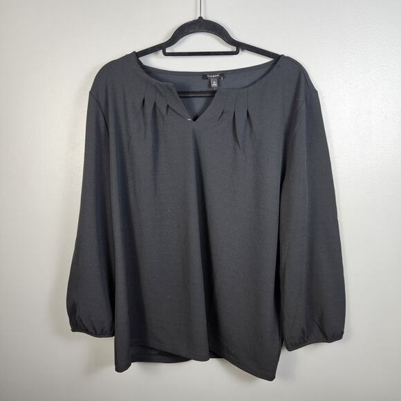 Talbots Womens Blouse Black Split Neck Pullover Stretch Blouson Sleeve Size XL - Picture 1 of 5